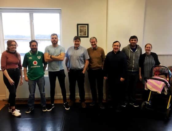 (L-R) Assistant Stage Manager Chloe Harkin, actors Francis Harkin, Andy Doherty, Gerry Doherty, Pat Lynch, Paul ODoherty, Shaunsy Coyle, and stage Manger Fiona McLaughlin.