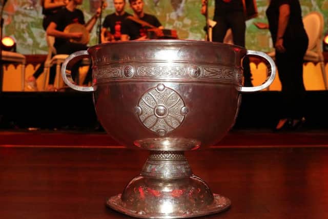 The Sam Maguire Cup which is presented to the winning county of the All-Ireland Senior Football Championship.