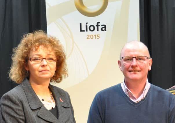 Sinn FÃ©in Councillor and spokesperson on the Irish Language, Kevin Campbell with former Minister CarÃ¡l NÃ­ ChuilÃ­n  who launched the LÃ­ofa initiative