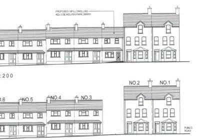 Plans showing the gap site before (below) and after the house is built.