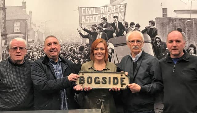 Pictured at the Museum of Free Derry this week are, from left, John Kelly (museum staff), Chris McKnight, Julieann Campbell (museum staff), Tony O'Doherty, and Tony Doherty, Chair of the Bloody Sunday Trust.