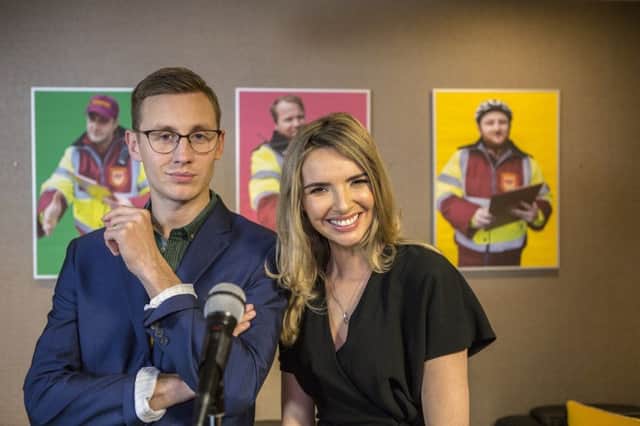 Derry-born singer Nadine Coyle with Shane Todd, who plays Laurie Lyle, the new Head of PR for the Soft Border Patrol, during filming for the new series