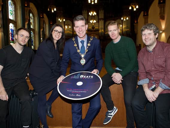 Mayor of Derry City and Strabane District, Councillor John Boyle, pictured at the launch of the Guildhall Beats Festival with musicians Ryan Vail (on left) and Eoin O'Callaghan (on right). Included also are Alison Morris, operations manager, The Guildhall, and Ronan McConnell, Derry City & Strabane District Council. (Photo - Tom Heaney, nwpresspics)