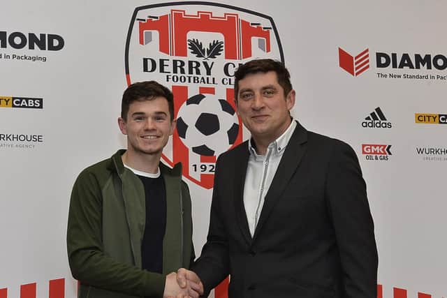 Derry City boss, Declan Devine pictured with Michael McCrudden who has signed ab 18 month pre-contract with the club.