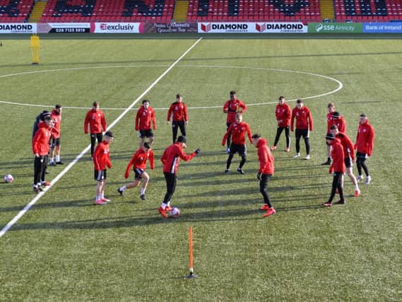 Derry City players pictured in training at the Ryan McBride Brandywell Stadium on Thursday.