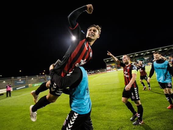 Stokes celebrates his winning goal in the Dublin Derby against Shamrock Rovers last season.