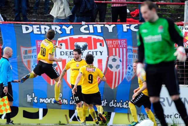 Derry's Rory Patterson gets a late opener at the Oval in Belfast during the 2012 Setanta Cup Final.
