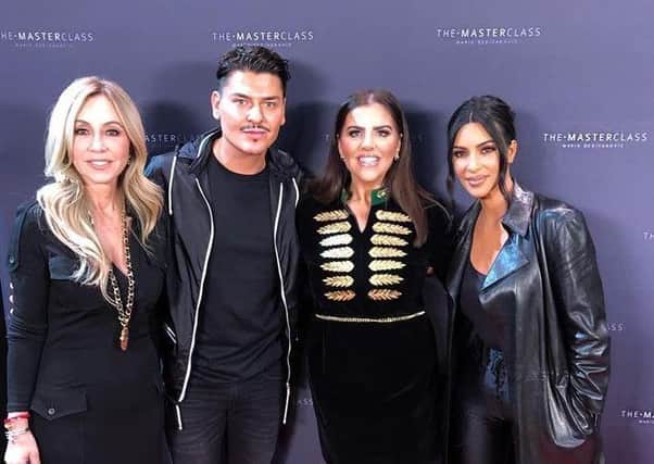 Derry make-up artist, Antonia Gallagher (second from right) pictured with, from left, Anastasia Soare (Anastasia Beverley Hills), Mario Dedivanovic  and Kim Kardashian prior to Marios Make-Up Master Class in Los Angeles last week.