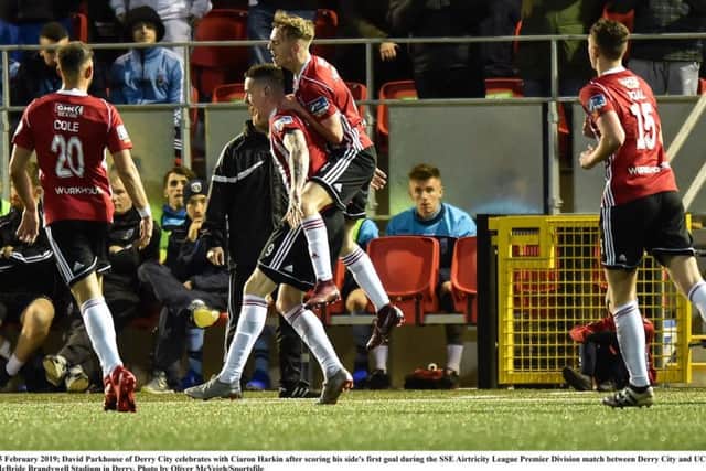 David Parkhouse celebrates with Ciaron Harkin after scoring Derry City's first goal during the SSE Airtricity League Premier Division match between Derry City and UCD at the Ryan McBride Brandywell Stadium