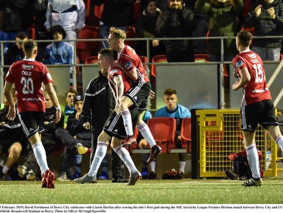 David Parkhouse celebrates with Ciaron Harkin after scoring Derry City's first goal during the SSE Airtricity League Premier Division match between Derry City and UCD at the Ryan McBride Brandywell Stadium