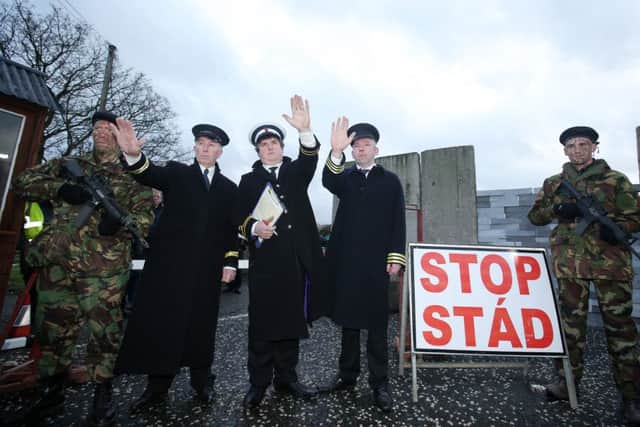 A recent mock checkpoint during a protest staged along the border by Border Communities Against Brexit came. Picture by Jonathan Porter/PressEye