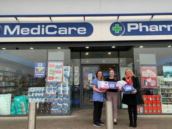 Councillor Sandra Duffy with Laura McLaughlin Medicare and Emma Hegarty Pre Reg Pharmacist