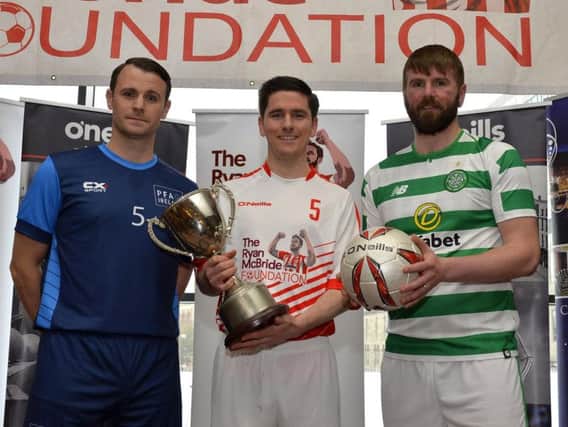 Pictured at the recent launch of the Ryan McBride Masters Soccer Sixes in the City Hotel are Daire Doyle, assistant manager, Longford Town and PFAI Sixes player, Gareth McGlynn representing the Ryan McBride Masters team and Paddy McCourt representing Celtic Football Club. The competition will be played in the Ryan McBride Brandywell Stadium on the 5th May next.