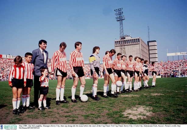May 1989; The Derry City manager Jim McLaughlin  lines up along side his team before the start of the Cup Final. FAI Cup Final. Derry City v Cork City. Dalymount Park. Soccer. Picture credit; Ray McManus / SPORTSFILE