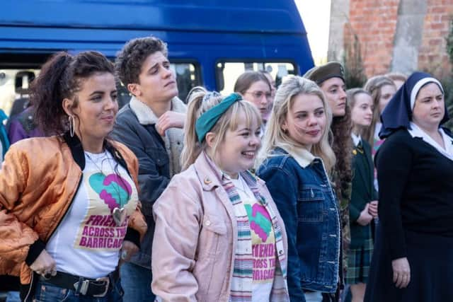 l-r:  Michelle (Jamie-Lee O'Donnell), Dylan (James Maguire), Clare (Nicola Coughlan), Erin (Saoirse Monica Jackson), Orla (Louisa Clare Harland), Sister Michael (Siobhan McSweeney) Photo by Peter Marley.