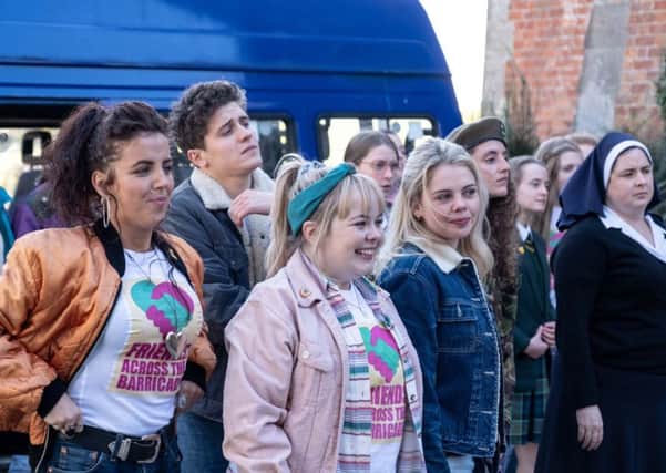 l-r: Michelle (Jamie-Lee O'Donnell), Dylan (James Maguire), Clare (Nicola Coughlan), Erin (Saoirse Monica Jackson), Orla (Louisa Clare Harland), Sister Michael (Siobhan McSweeney) in a scene from the second series Photo by Peter Marley.