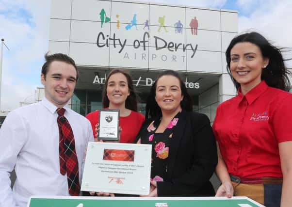 Pictured back in September 2018 are Charlene Shongo and Maressa McGilligan of City of Derry Airport with Sam Talbot and Hannah Campbell of Loganair'.