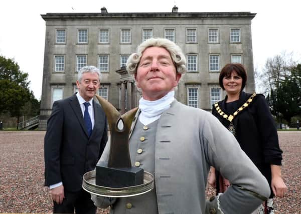 Pictured at the Palace Demesne, Armagh, are Tourism NI Chief Executive John McGrillen and Julie Flaherty, Lord Mayor of Armagh, Banbridge and Craigavon Council with Marcellus Kearney as The Butler