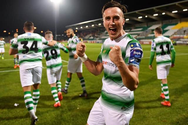 McEneff celebrates his first goal for Shamrock Rovers in his home debut against his hometown club Derry City.
