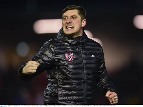 Declan Devine reacts to the Brandywell crowd at the final whistle.