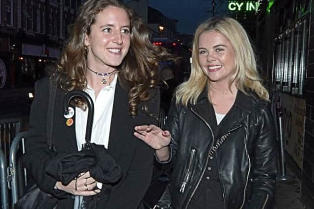 Louisa Harland and Saoirse Monica Jackson who plays cousins Orla and Erin in Derry Girls arriving for the Season 2 premiere at Strand Road Omniplex recently.