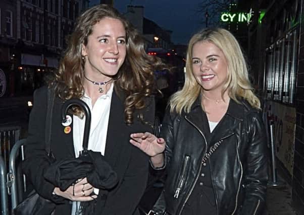 Louisa Harland and Saoirse Monica Jackson who plays cousins Orla and Erin in Derry Girls arriving for the Season 2 premiere at Strand Road Omniplex recently.