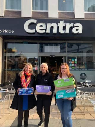 Councillor Sandra Duffy , Councillor Sharon Duddy with Sarah Doherty  from Centra Waterloo Place in Derry.