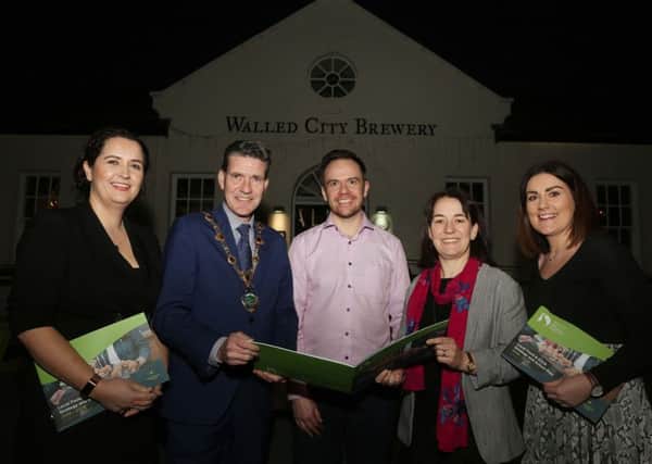 Mayor John Boyle launching the NICHE EU Interreg Project funded Local Food and Drink Strategy Action Plan for 2019-2025, along with Aeidin McCarter, Head of Culture with Derry City and Strabane District Council. The strategy was launched as part of a Legenderry Food Experience event hosted by the Walled City Brewery, also included is Catherine Goligher, food tourism officer with Derry City and Strabane District Council, James Huey, owner of the Walled City Brewery and Jennifer ODonnell, Tourism Manager with Derry City and Strabane District Council (Photo by Lorcan Doherty)