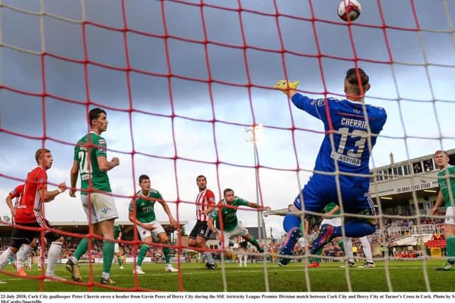 Cork City goalkeeper Peter Cherrie saves a header from Gavin Peers of Derry City during the SSE Airtricity League Premier Division match between Cork City and Derry City at Turner's Cross last year,