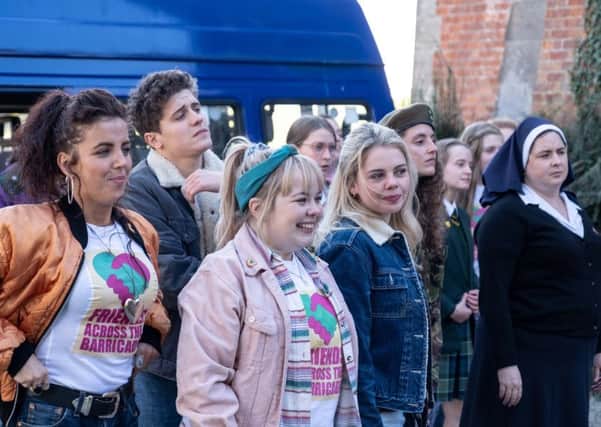 The second series of Derry Girls returned on Tuesday night.Michelle (Jamie-Lee O'Donnell), James (Dylan Llewellyn), Clare (Nicola Coughlan), Erin (Saoirse Monica Jackson), Orla (Louisa Clare Harland), Sister Michael (Siobhan McSweeney) Photo by Peter Marley.