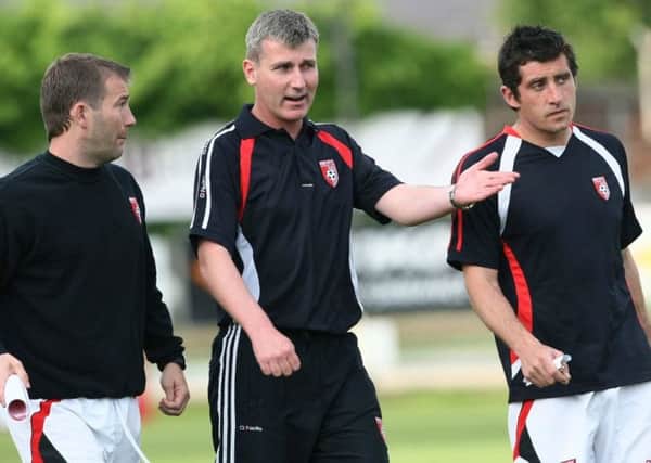 Way back in 2008 - Derry City manager Stephen Kenny, centre, with his assistant Alan Reynolds, left, and first team coach Declan Devine.