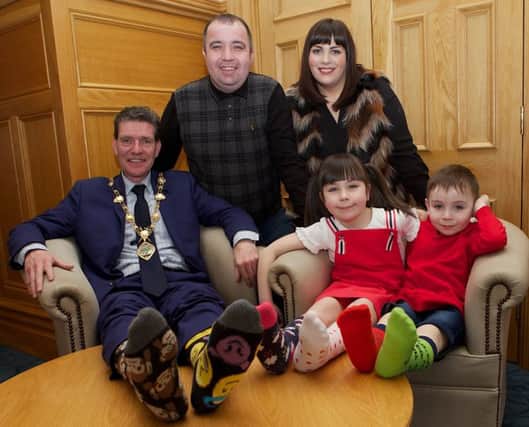 Mayor John Boyle with Ben and Mary Kate Tierney, on World Lymphoadema Day held in the Guildhall. Included are the children's parents, Brian and  Cheryl Tierney.(Photo - Tom Heaney, nwpresspics)