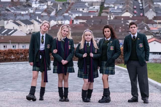 l-r: Orla McCool (Louisa Clare Harland), Erin Quinn (Saoirse Monica Jackson), Clare Devlin (Nicola Coughlan), Michelle Mallon (Jamie-Lee O'Donnell) and James Maguire (Dylan Llewellyn)