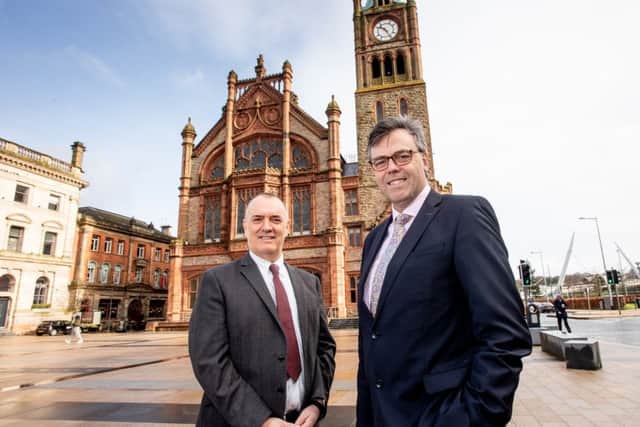 Alastair Hamilton, CEO Invest Northern Ireland joined Kiern Hegarty, President of Terex Materials Processing at the Guildhall, Londonderry, to announce that Terex is building a new facility at Campsie, creatin 100 new jobs.
Photograph by Andrew Towe, Parkway Photography Ltd.