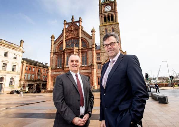 Alastair Hamilton, CEO Invest Northern Ireland joined Kiern Hegarty, President of Terex Materials Processing at the Guildhall, Londonderry, to announce that Terex is building a new facility at Campsie, creatin 100 new jobs.
 Photograph by Andrew Towe, Parkway Photography Ltd.