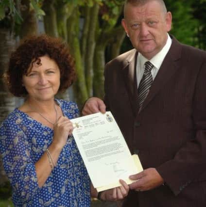 Billy McGreanery and Marjorie Roddy pictured previously displaying the letter of apology from General Sir Peter Wall for the killing of Billy McGreanery on the 15th September 1971. (1309PG07)