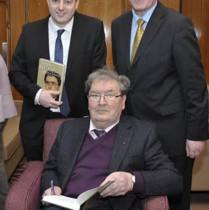 Nobel Peace Prize recipient  John Hume pictured with SDLP leader Colum Eastwood MLA and Mark Durkan at the launch of  John Hume  Irish Peacemaker edited by Sean Farren and Denis Haughey in the City Hotel Derry back in 2015.