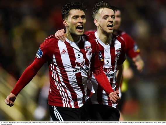 Eoghan Stokes celebrates his debut goal against UCD with Ciaron Harkin