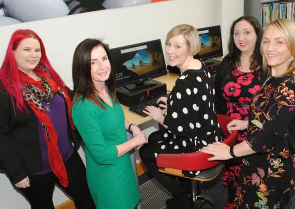 Pictured from left is Tina Calder (Excalibur Press), Julie Reid (Libraries NI), Michelle Connolly (Learning Mole), Christine Watson (Training Matchmaker), Vivian McKinnon (Wellness Consultant).