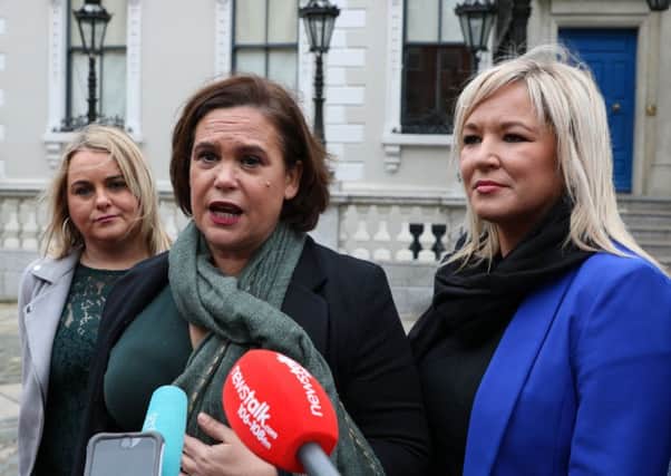Michelle O'Neill with Mary Lou McDonald and Derry Councillor Sandra Duffy