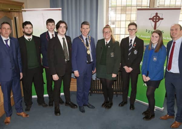 The Mayor, Councillor John Boyle pictured with School Councilâ¬"s Representatives from schools who took part in Mondayâ¬"s â¬ÜLetâ¬"s Talkâ¬" event at the Council Chambers, Guildhall. Included are St. Josephâ¬"s teachers, Mr. Peter Smith and Mr. Graeme Doherty.
