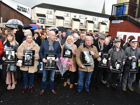 Families make their way into the city centre where they learned only one soldier would face criminal prosecution over the deaths of 14 people as a result of Bloody Sunday in Derry in 1972.