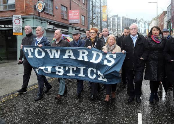 Relatives of the Bloody Sunday victims make their way from the Bloody Sunday Monument to the City Hotel to meet with the Public Prosecution Service.  Photo Lorcan Doherty/Presseye