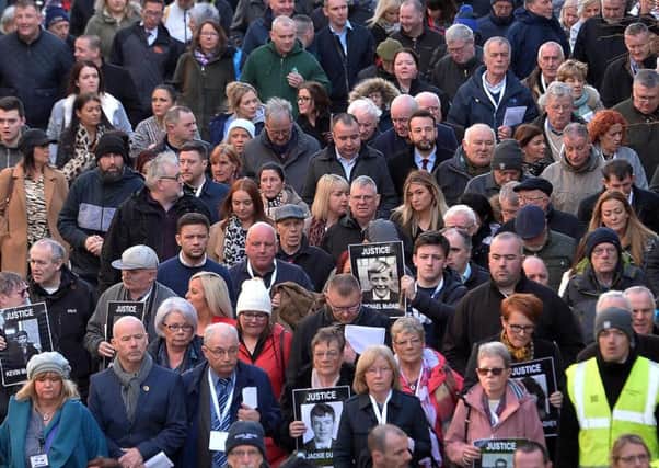 Bloody Sunday families and the ordinary people of Derry pictured making their way towards the Guildhall. (Photo: Pacemaker)