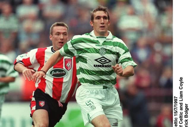 Alan Stubbs of Celtic pictured playing against Derry City's Liam Coyle in the Irish International Soccer tournament at Lansdowne Road in July 1997.