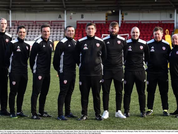 Seamus McCallion, Sports Analyst, and the Derry City management team who regularly use sports performance analysis company, InStat