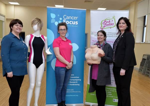 Maureen Collins and Michelle McLaren from the Pink Ladies Cancer Support Group and Debbie Lesley and Dervilia Kernaghan, from  Cancer Focus Northern Ireland, pictured at the recent launch of the community bra fitting for cancer patients, in the Bishop Street Community Centre. DER4818GS016
