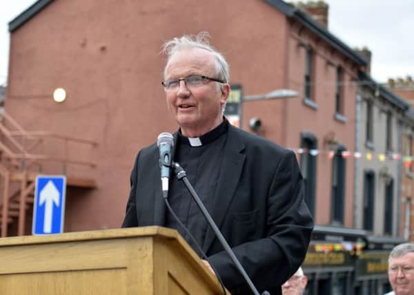 The Most Reverend Dr Donal McKeown, Bishop of Derry, pictured previously addressing a Unity of Purpose Group rally in Derry.  DER2818GS031
