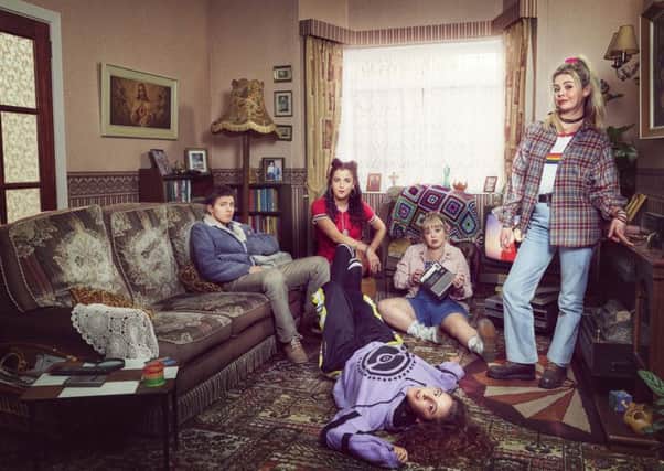 l-r:  James (Dylan Llewellyn), Michelle (Jamie-Lee O'Donnell),  Clare (Nicola Coughlan), Erin (Saoirse Monica-Jackson), lying on floor - Orla (Louisa Clare Harland)