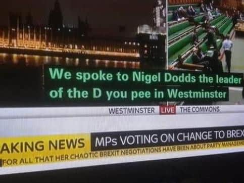 Subtitles on Sky News referred to Nigel Dodds M.P. as leader of the 'D you pee'. (Photo courtesy of Carla Quinn)